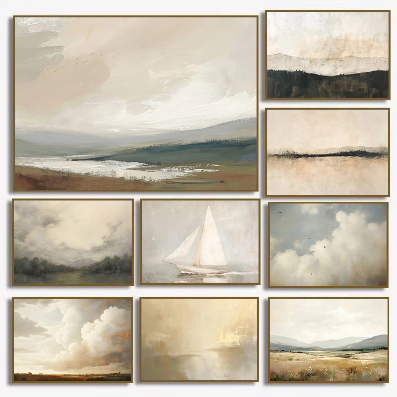 Interior Design Poster - Abstract Cloudscape Sailboat Coastal Landscape Neutral