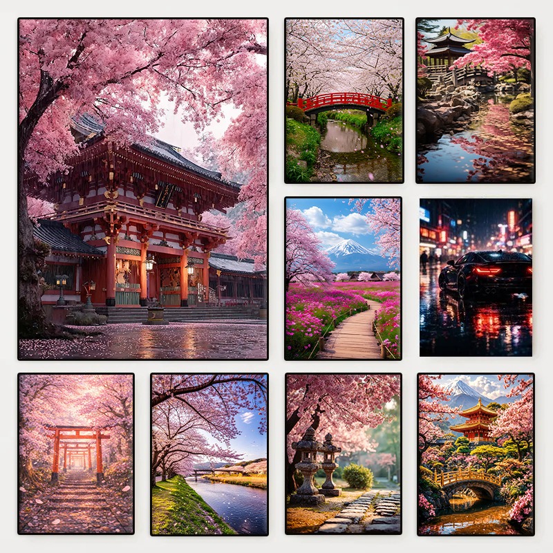Interior Design Poster - Japanese Garden Scene Cherry Blossom Trees